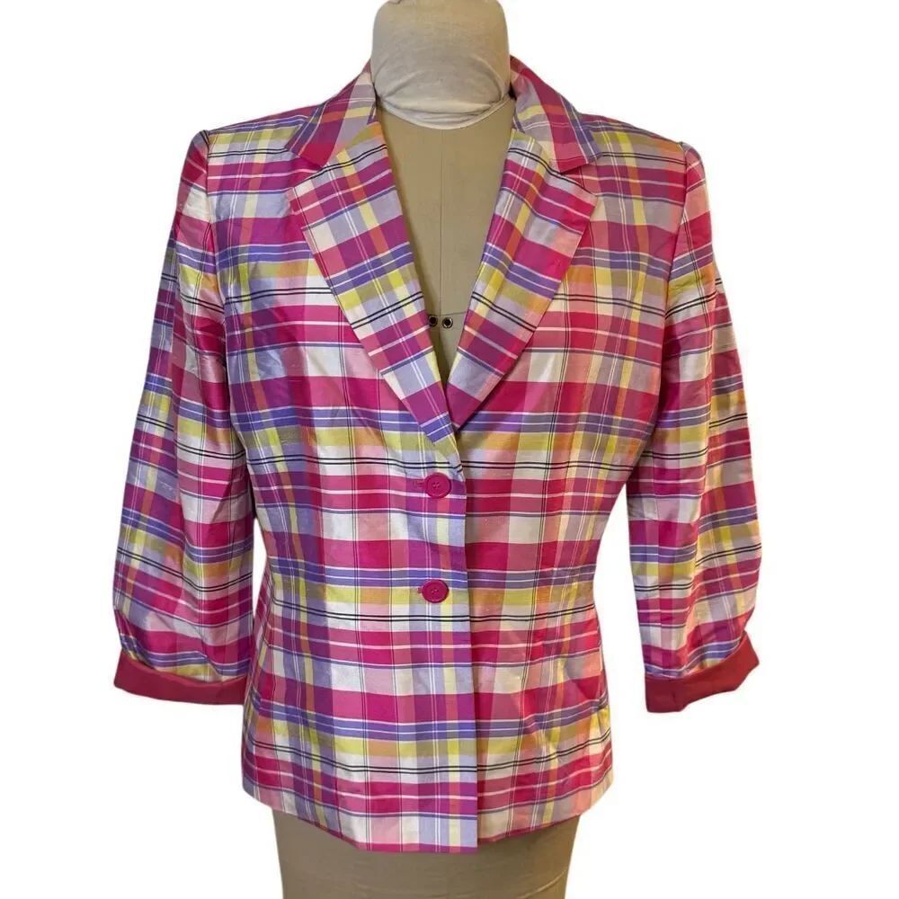 Kasper Silk 2-Button Blazer Sz. 12 Pockets Bright Plaid Lined